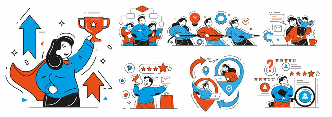 Fototapeta premium Set of business people enjoying teamwork, outsourcing, telework and freelance vector flat illustration. Collection man and woman successful leader, brand ambassador, HR professional occupation