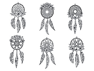 Set of a dream catcher with flower. Collection of indian totem with feathers frame. Hippie decoration. Amulet for protection dream. Vector illustration of floral drawing by hand. Blossom.