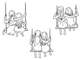 Set of children's best friends. Collection of cute girls ride on a swing together. Happy friendship day. Vector illustration of female strong friendship.