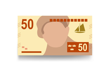 Swedish Krona Vector Illustration. Sweden money set bundle banknotes. Paper money 50 kr. Flat style. Isolated on white background. Simple minimal design.