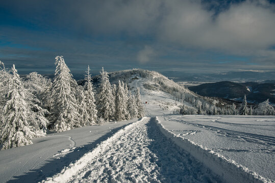 Winter in Beskidy mountains with a view on Klimczok, Beskid Slaski, Poland