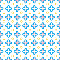 Seamless vector pattern. Abstract geometric background of crosses, rings, lines in blue, pink, yellow and white colors. For use on wallpaper, fabric, packaging and more.