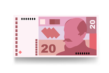 Croatian Kuna Vector Illustration. Croatia money set bundle banknotes. Paper money 20 HRK. Flat style. Isolated on white background. Simple minimal design.