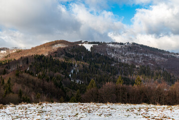 Kozubova hill from Mala Kykula hill in winter Moravskoslezske Beskydy mountains in Czech republic