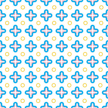Seamless vector pattern. Abstract geometric background of crosses, rings, lines in blue, pink, yellow and white colors. For use on wallpaper, fabric, packaging and more.