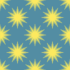 Seamless pattern with yellow abstract flowers on a blue background for packaging, fabrics, backgrounds and other products.