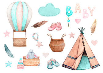 Children's teepee for games, hot air balloon, cloud, baby lettering, toys, baby booties and other elements. Set of boho design elements. Design for logo, baby textile, print, nursery decor, kids room. © Alyona Pugachova