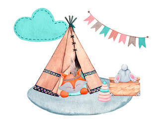 Children's wigwam for games with a sleeping fox on a pillow. Hand drawn watercolor isolated on white background for print, card, invitation, poster, label and other. © Alyona Pugachova