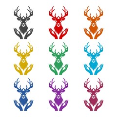 Deer head with antlers icon or logo, color set