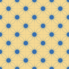 Seamless vector pattern. Abstract geometric blue yellow background of circles-stars in a web of thin lines. For use on wallpaper, fabric, packaging and more.