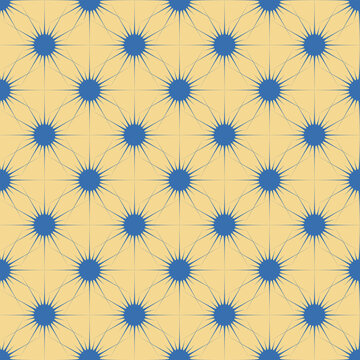 Seamless vector pattern. Abstract geometric blue yellow background of circles-stars in a web of thin lines. For use on wallpaper, fabric, packaging and more.