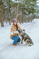 A young cute girl has fun in the snowy weather in winter in the park with a husky breed dog. Life style. People and dogs 