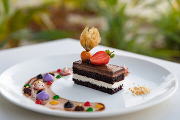 Delicious cake pastry with a strawberry and cape gooseberry on a white plate.