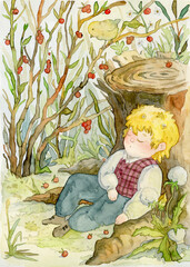 Little boy sleeps near a stump and bushes with berries. Sweet children's sleep in nature. Watercolor illustration - 487948338