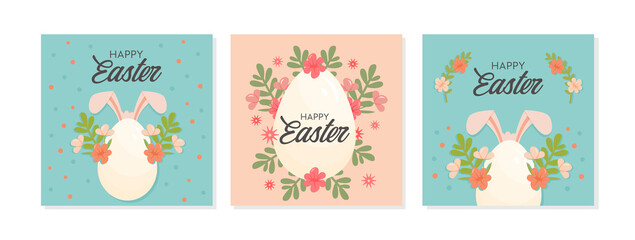 Set of trendy Happy Easter greeting cards. Square banner templates with Easter eggs, decorative floral elements and bunny ears. Modern sale posters, holiday covers or social media post. Vector.