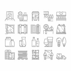 Glass Production Plant Collection Icons Set Vector .