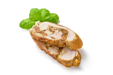 Stuffed baked meatloaf, isolated on white background.