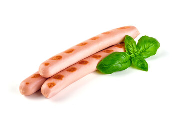 Grilled hotdog sausages, isolated on white background.