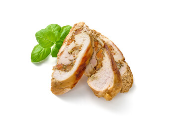 Stuffed baked meatloaf, isolated on white background.