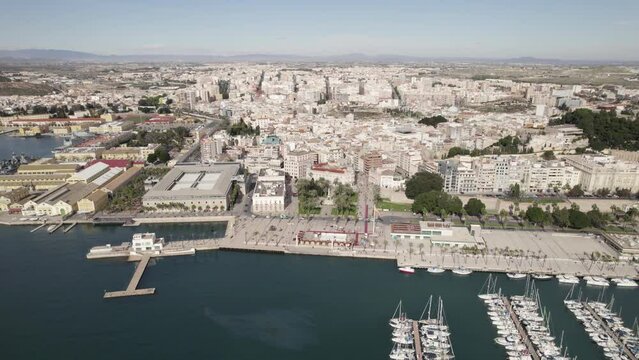 Aerial panorama view of Cartagena cityscape by Mediterranean coast, yachts marina. Spain