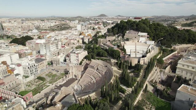 Aerial view ancient Cartagena Roman Theater, near Torres park viewpoint, Spain