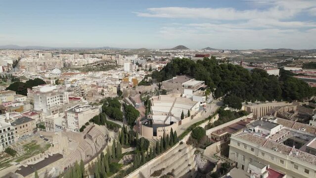 Aerial view of beautiful Torres Park Auditorium on hilltop near Roman theater, Cartagena. Spain