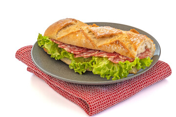 dry sausage sandwich isolated in a plate on a white background