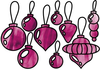 Set with Christmas tree decorations for gifts and kids and stickers and cards and fabrics and hobbies