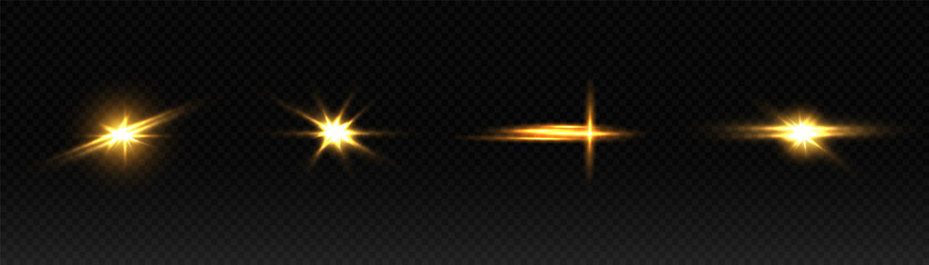 A set of flares, bright lights and sparkles on a transparent background. Golden flashes and glare. Abstract golden isolated lights Bright rays of light. Glowing lines.