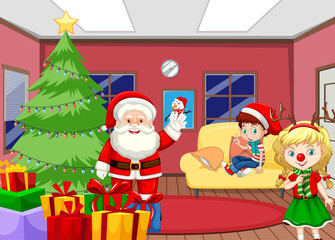 Obraz na płótnie Canvas Santa Claus with happy children in the room scene