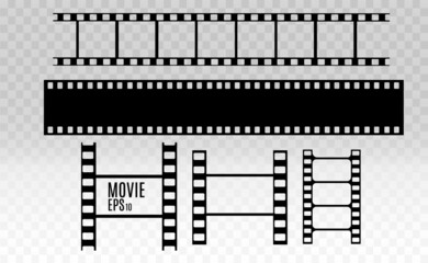 	
Set of film vector stripes isolated on transparent background.Film strip roll. Vector cinema background.	