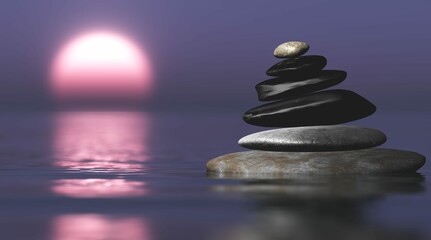 Pyramid of stones against the background of the setting sun, Zen pyramid of stones, 3d rendering