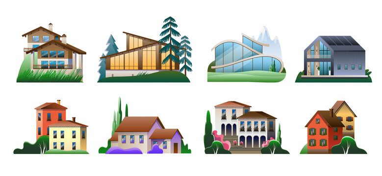 A set of images of village houses in different architectural styles. Vector full-color illustration.