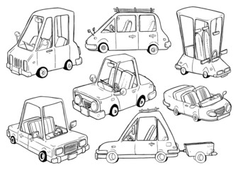 Cartoon cars collection. Comic transportation set. Isolated objects on white background. Black and white vector illustration