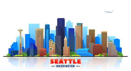 Obraz premium Seattle Washington skyline vector illustration. Background with a city panorama. Travel picture.