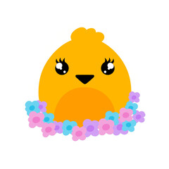 Cute chick in nest of colorful flowers. Cartoon chick. Image isolated on white background. Vector illustration for use in posters menu sites printing as design element