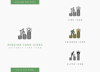 Pension fund icons set editable stroke vector illustration. Retirement growth plan symbol. Icon line style on isolated background for ui mobile app, web design, and presentation.