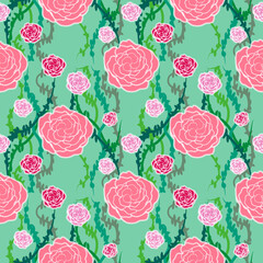 Fototapeta na wymiar seamless pattern with pink rose and green thorn on green background.