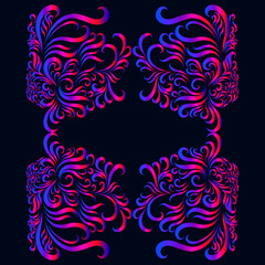 abstract elegant design decorative filigree vintage pattern pink and purple and blue color on dark background