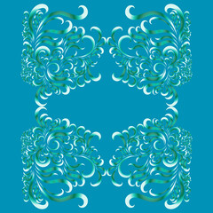 abstract christmas elegant design decorative filigree curly lines vintage pattern green and white on blue background