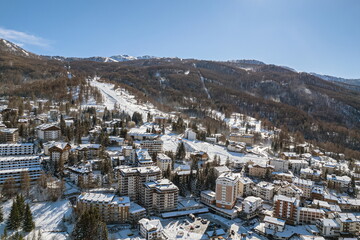 Above view of Sauze d'Oulx mountain village in the Alps Milky Way ski area. ..Sauze d'Oulx, Italy....