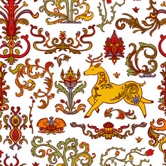Seamless pattern with folk tale ornament design elements. Deer, flowers, plants with decorative patterns. Stylized objects on white background. Colourful vector illustration