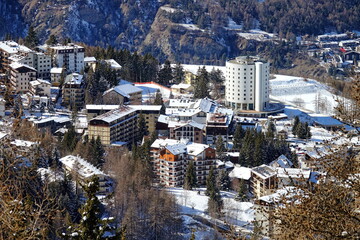 Above view of Sauze d'Oulx mountain village in the Alps Milky Way ski area. ..Sauze d'Oulx, Italy....
