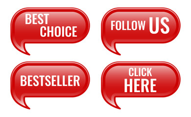 Red stickers. Paper sticker set, badges vector templates. Click here. Best choice. Follow us. Bestseller	
