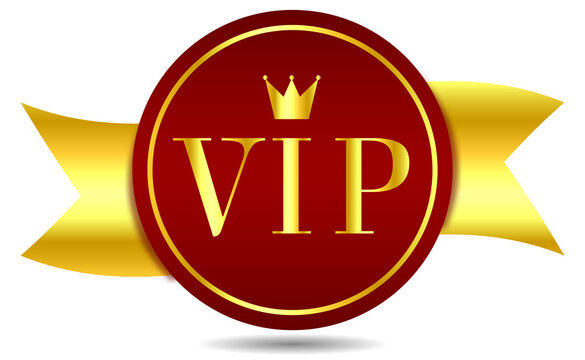 badge for VIP club members. Vip label, badge or tag. Vector red banner with gold vip text. Vector illustration, golden color