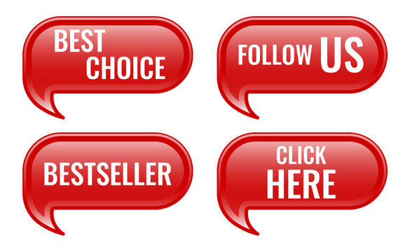 Red stickers. Paper sticker set, badges vector templates. Click here. Best choice. Follow us. Bestseller	

