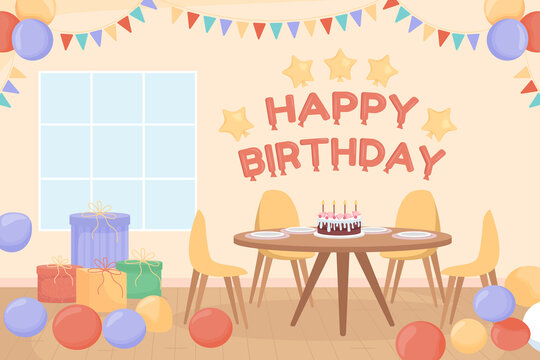 Home birthday party flat color vector illustration. Celebrating and greeting friends, family members. House party 2D simple cartoon interior with decorations on background. Fredoka One font used