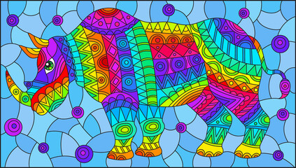 Obraz na płótnie Canvas Stained glass illustration with abstract bright rhinoceros, animals on a blue background, rectangular image