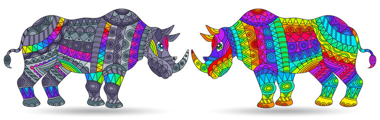 A set of stained glass illustrations with abstract rhinos, animals isolated on a white background