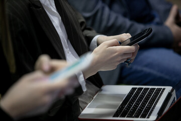 Press conference, man, businessman, typing on a laptop